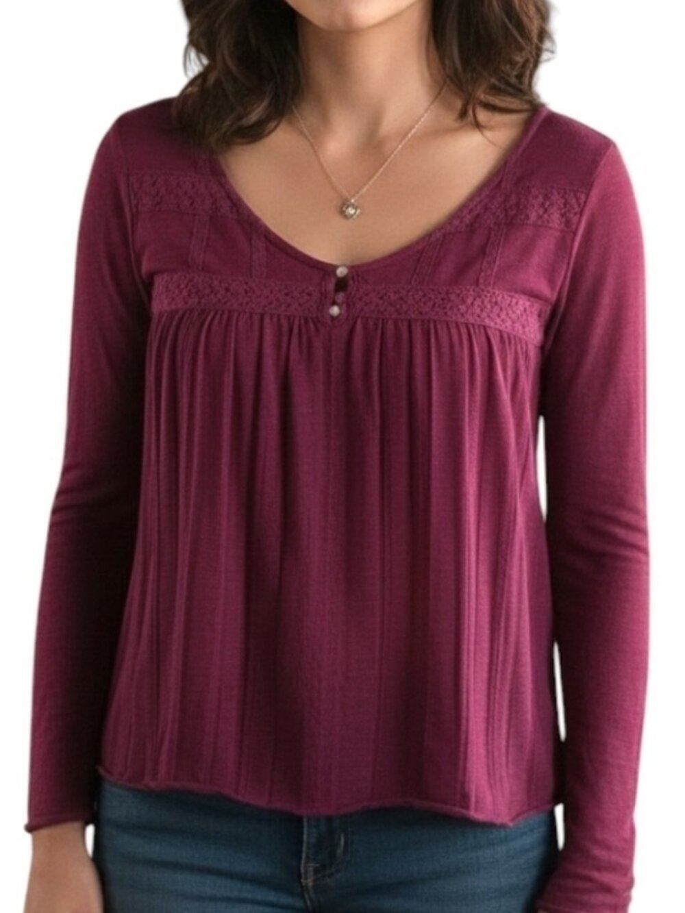 American Eagle Y2K Babydoll Top Women Small Fuchsia Lace Long Sleeve